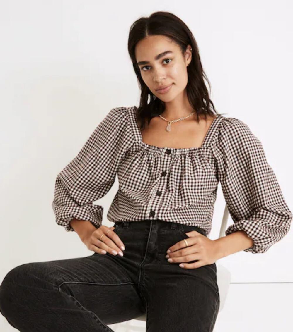 Madewell Puff Sleeve Cropped Flannel Top Chocolate Gingham Plaid M